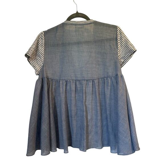 Anthropologie Deletta Babydoll Tunic Size S Striped Chambray Cap Sleeve Top - Picture 2 of 10